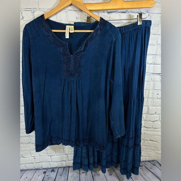 Studio West Apparel Two Piece Festival Boho Stevie Denim Look Top Skirt LP - Picture 1 of 15